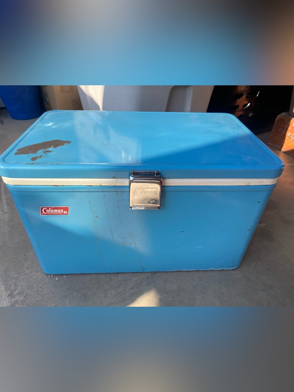 Rustic vintage Coleman Canada Snow-Lite Steel Belted Low Boy Cooler